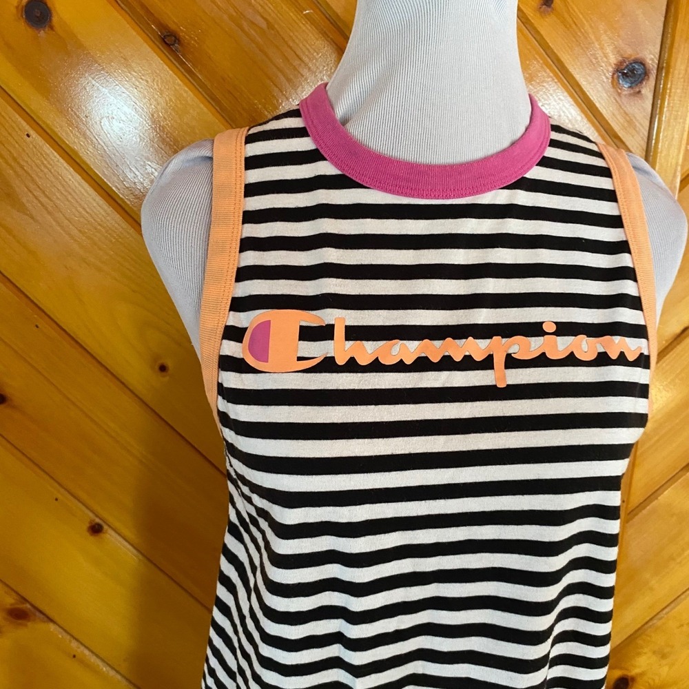 Champion Campus Striped Tank Dress Pink Orange Trim Logo Athletic Women's M